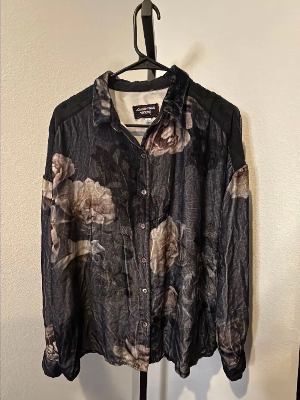 Johnny Was Black Button-Down Shirt with Taupe and Cream Floral Print